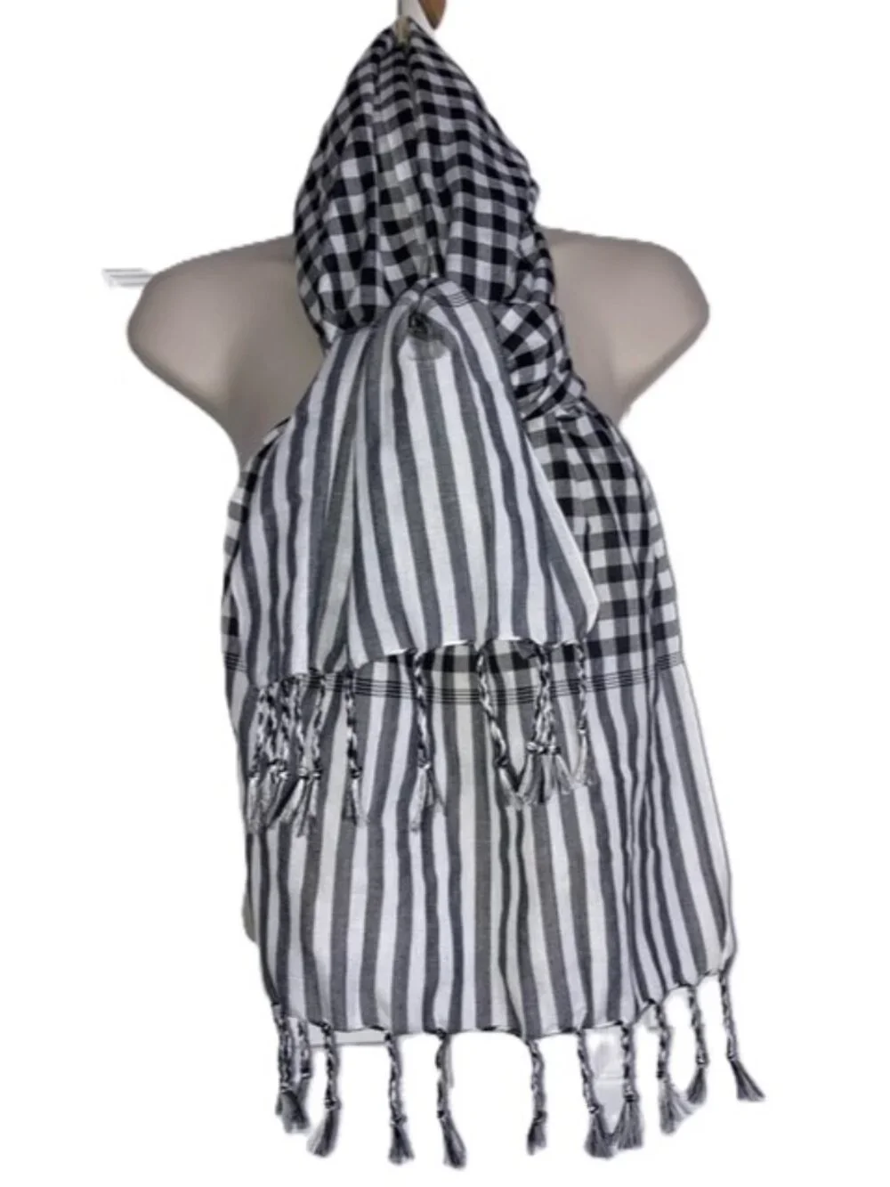 Krama Cambodian Scarf Black White Checkered Stripes Unisex 59 x 18 inches